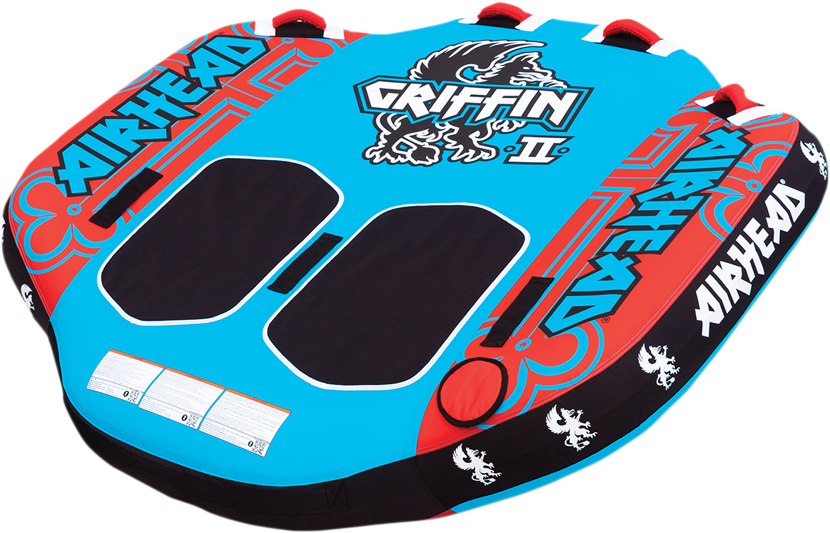 Colorful Airhead Griffin 2 towable water tube for water sports, designed for fun and adventure on the water.