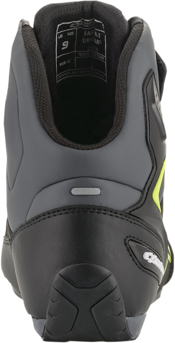 Alpinestars Faster-3 Drystar® motorcycle shoes in black, gray, and yellow with US 13 size, featuring protective design and sporty style.
