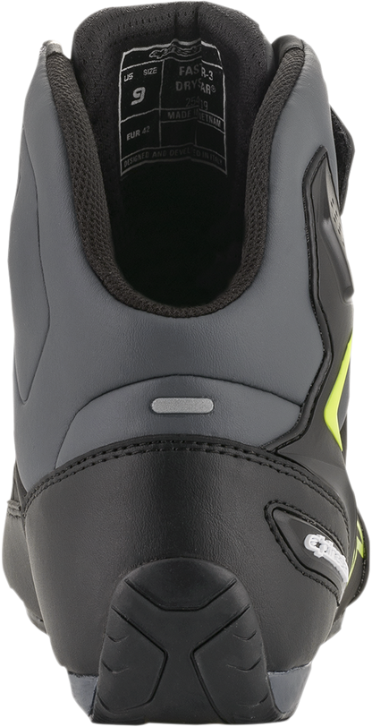 Alpinestars Faster-3 Drystar® motorcycle shoes in black, gray, and yellow with US 14 size, designed for riding safety and comfort.