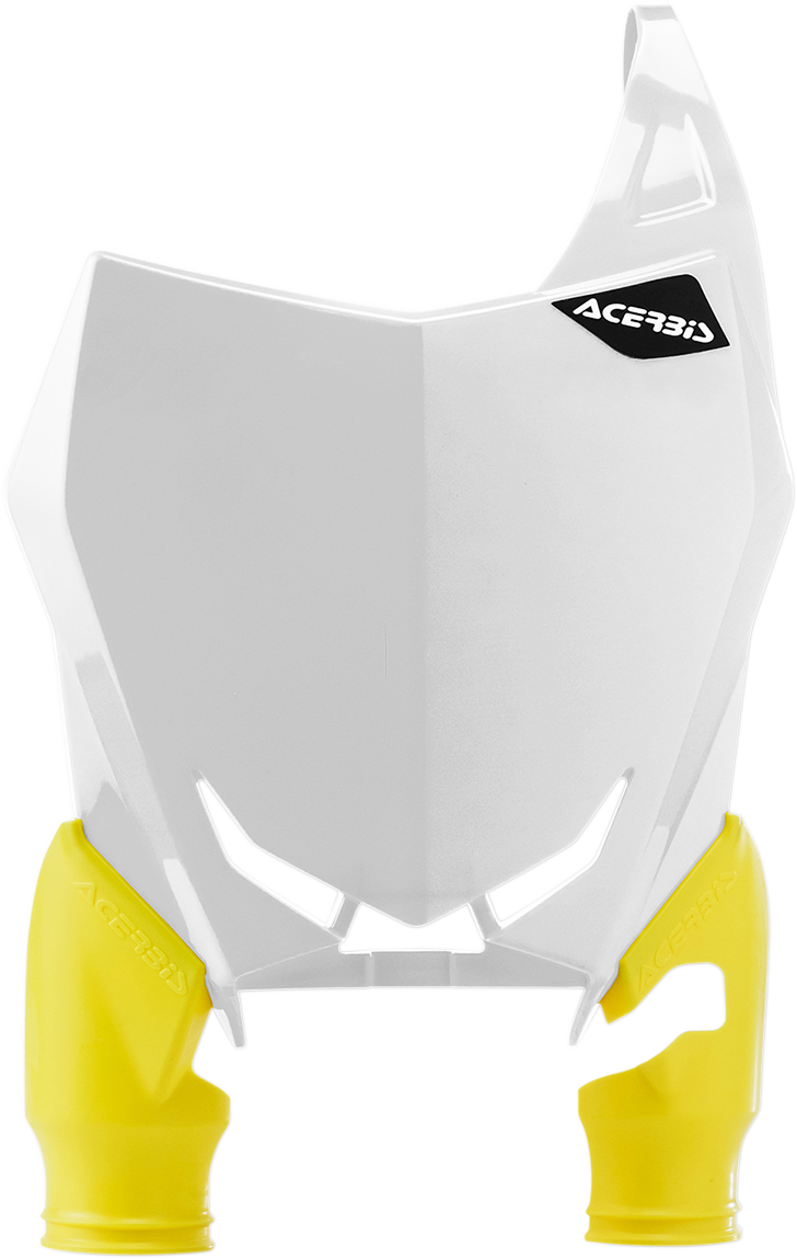 A white Acerbis Raptor number plate for motorcycle body with black mounting holes, designed for off-road or motocross use.