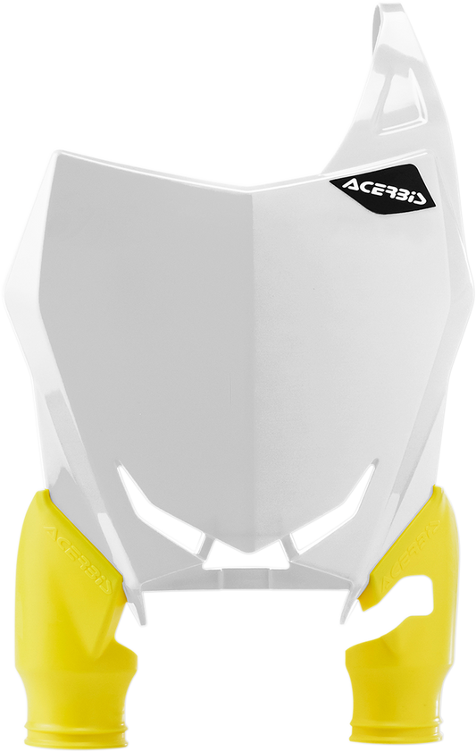 A white Acerbis Raptor number plate for motorcycle body with black mounting holes, designed for off-road or motocross use.