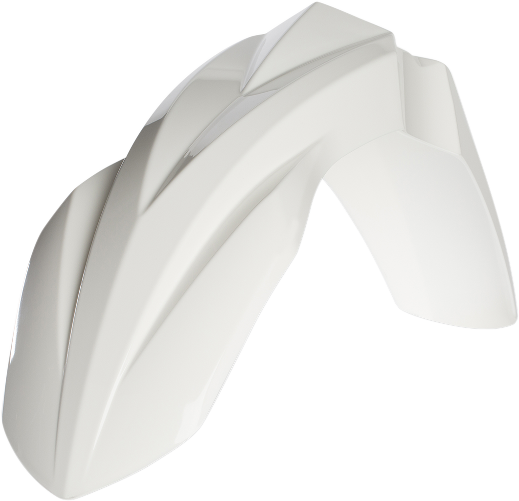Acerbis white front fender for motorcycles, made of durable body material, designed for off-road or motocross bikes.
