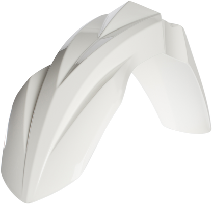 Acerbis white front fender for motorcycles, made of durable body material, designed for off-road or motocross bikes.
