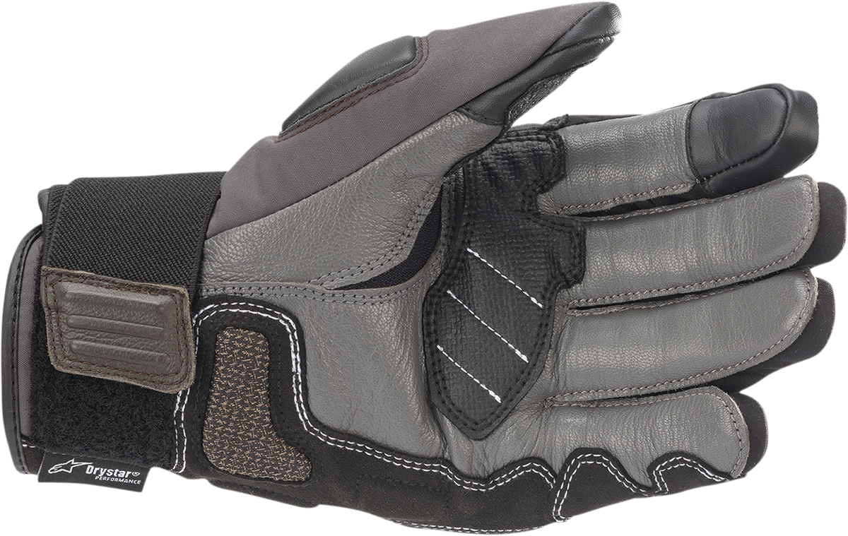 Alpinestars Corozal V2 Drystar motorcycle gloves in brown, black, and dark gray with 3XL size, featuring reinforced palms and knuckles.