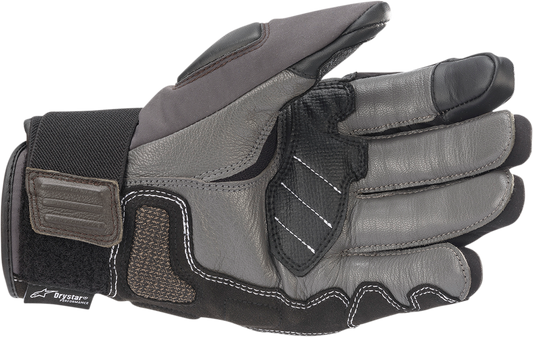 Alpinestars Corozal V2 Drystar motorcycle gloves in brown, black, and dark gray with 3XL size, featuring reinforced palms and knuckles.