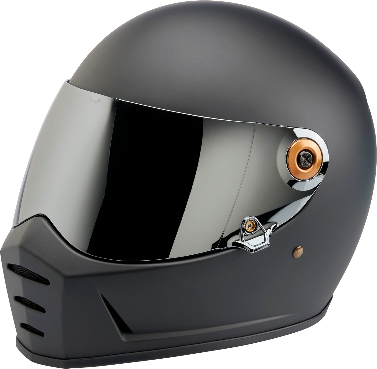 Black BILTWELL Gen 2 hardware screw with bronze baseplate for helmet parts, shown on a reflective surface.