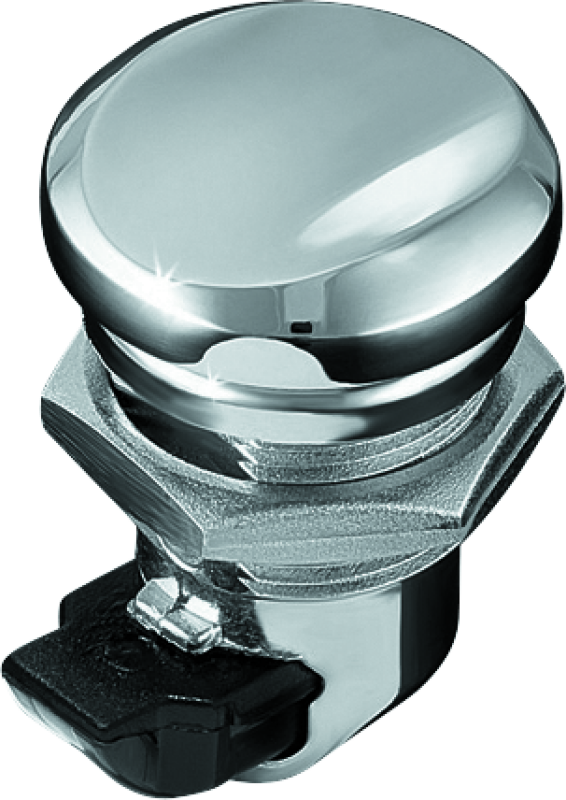 Chrome Kuryakyn push-button fuel door latch for Harley-Davidson Touring bikes, featuring a sleek and durable design.
