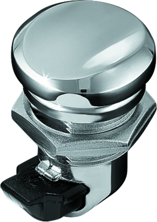 Chrome Kuryakyn push-button fuel door latch for Harley-Davidson Touring bikes, featuring a sleek and durable design.