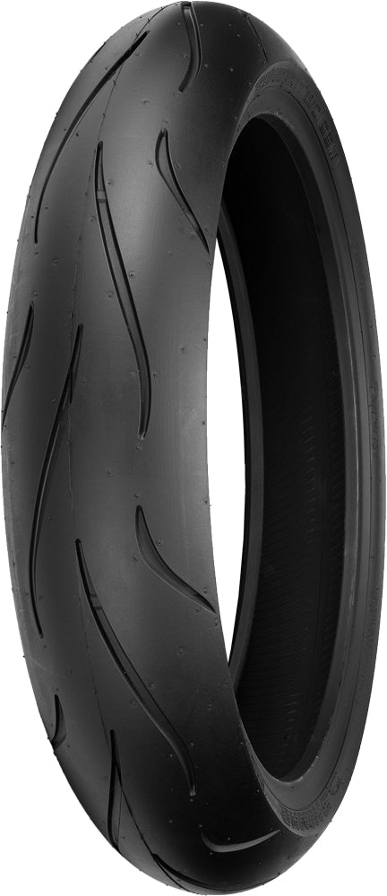 SHINKO 010 Apex front motorcycle tire 120/70ZR17 for high-performance sport bikes, featuring a sleek black tread design.