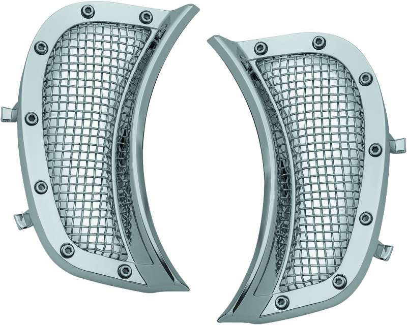 Chrome mesh headlight vent accents for Harley-Davidson Road Glide by Kuryakyn, designed to enhance front bike styling.