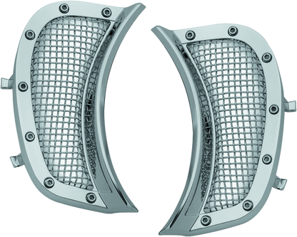 Chrome mesh headlight vent accents for Harley-Davidson Road Glide by Kuryakyn, designed to enhance front bike styling.