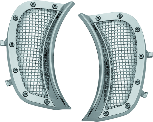 Chrome mesh headlight vent accents for Harley-Davidson Road Glide by Kuryakyn, designed to enhance front bike styling.