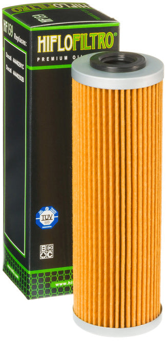 HIFLOFILTRO HF159 motorcycle oil filter with metal canister and filter media for reliable engine protection and performance.
