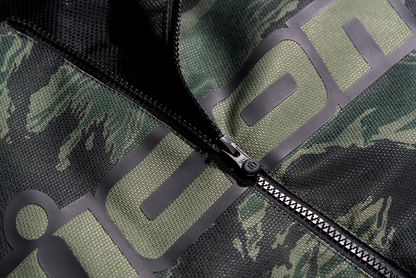 Green ICON Hooligan CE Tiger's Blood Jacket in Small size, featuring bold design and protective gear, by Bill's Exhausts.