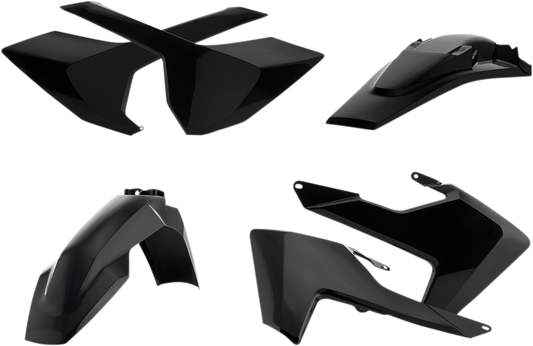 A black Acerbis standard replacement body kit for motorcycle, shown as a sleek, durable plastic body part.