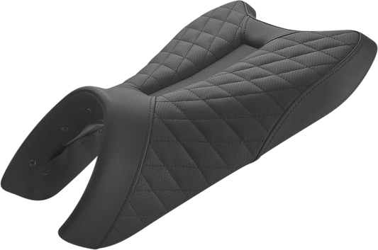 Black SADDLEMEN LS Track Seat with lattice stitching for Duke 790/890 (2019-2023), designed for Bill's Exhausts motorcycle seats.