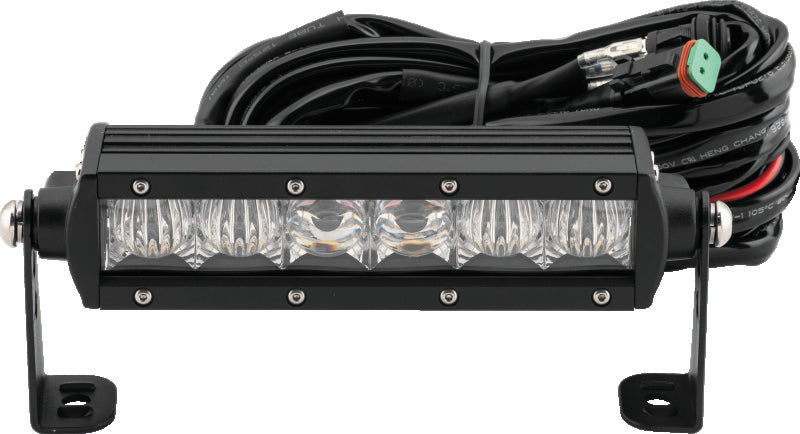 QuadBoss 6.5-inch single row LED light bar with high-intensity combo beam for powersports vehicles, showing the illuminated light bar.