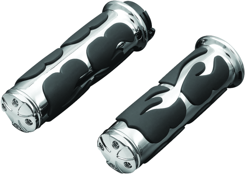 Kuryakyn ISO Flame grips with dual cables in chrome for powersports motorcycles, featuring flame design and ergonomic comfort