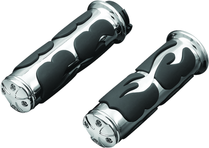 Kuryakyn ISO Flame grips with dual cables in chrome for powersports motorcycles, featuring flame design and ergonomic comfort