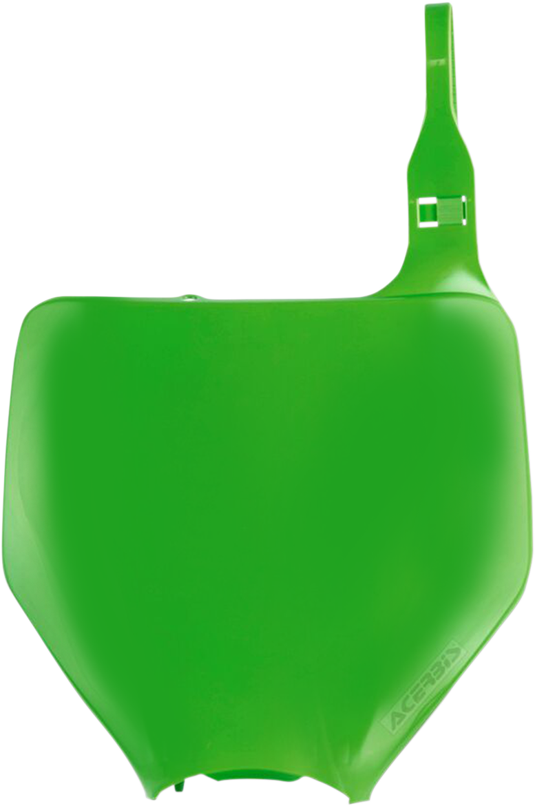 Green Acerbis front number plate for motorcycle, body part with mounting holes, designed for durability and style.