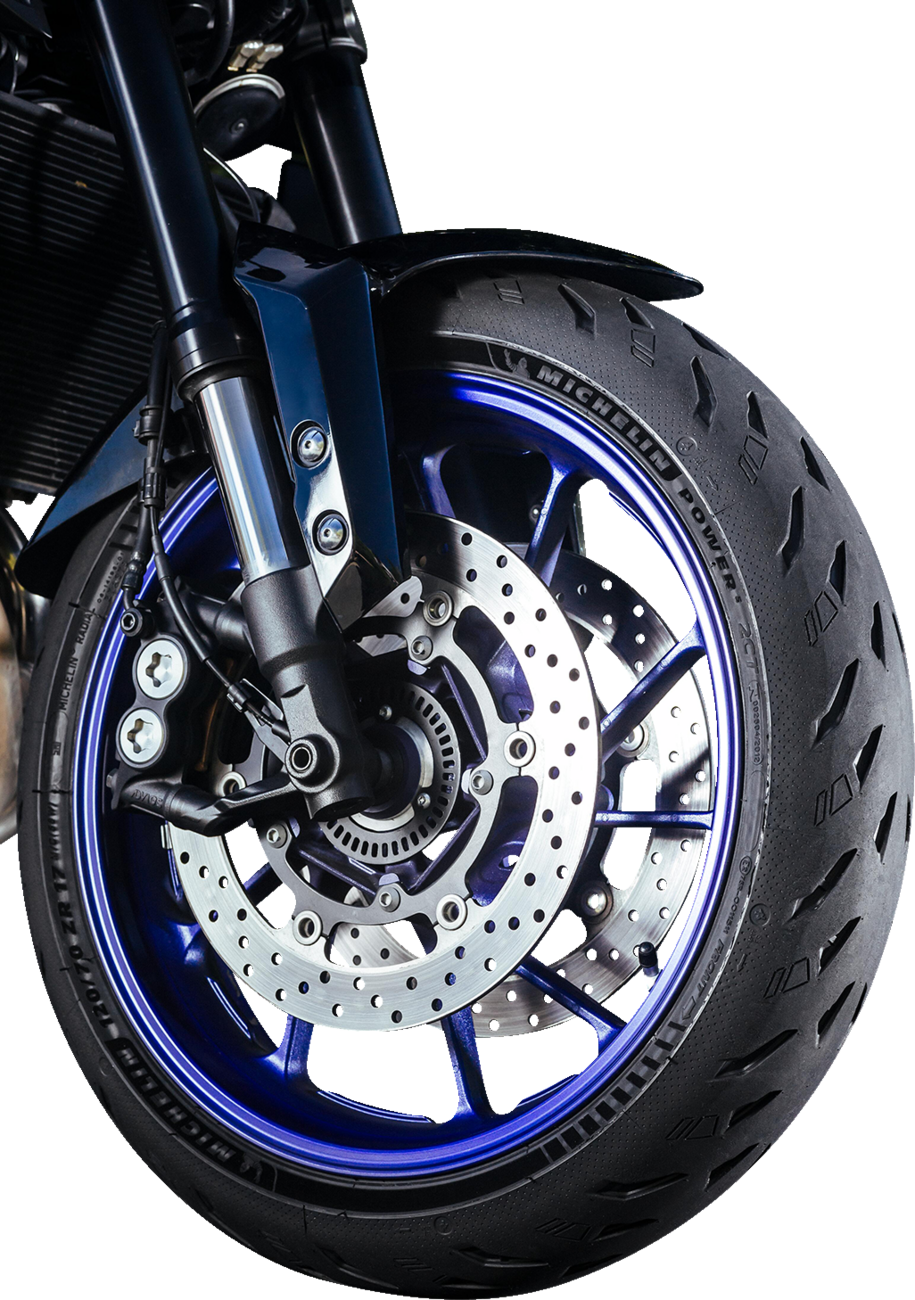 Michelin Power 5 front motorcycle tire 120/70ZR17 with 58W load and speed rating, showing tread pattern and sidewall details.