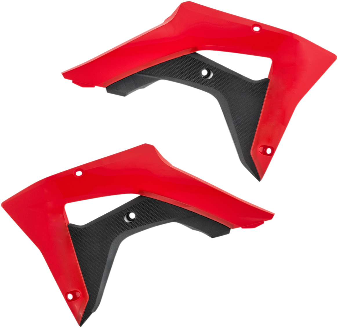 Red and black Acerbis radiator shrouds for motorcycles, featuring sleek body design and brand-specific styling.