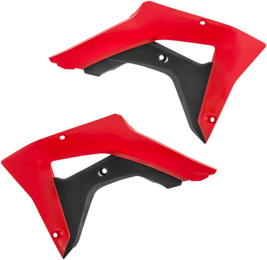 Red and black Acerbis radiator shrouds for motorcycles, featuring sleek body design and brand-specific styling.