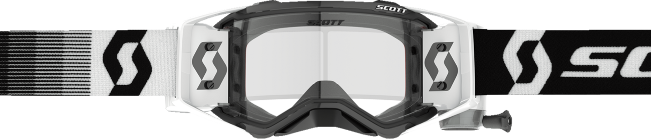 Scott Prospect WFS Goggle in black and white with clear lens, designed for motocross and off-road riding.