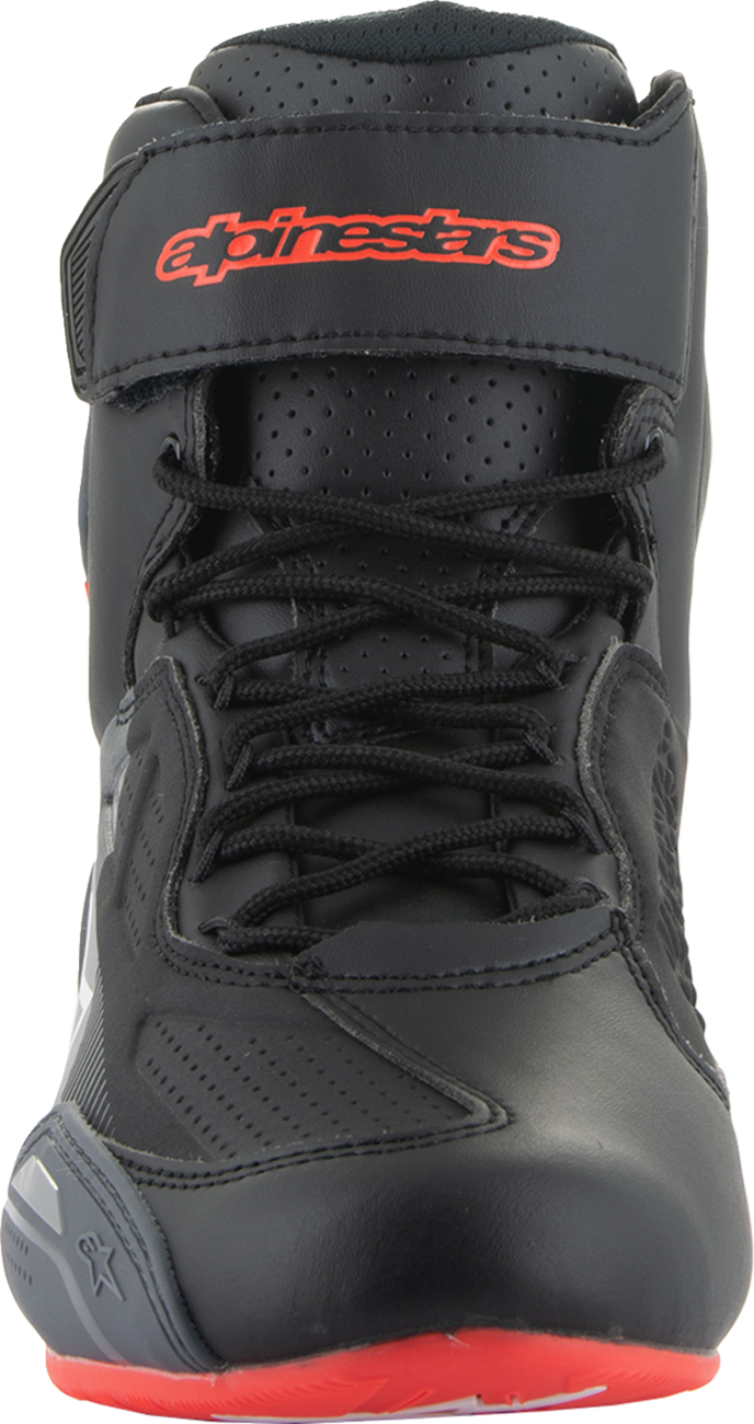 Alpinestars Faster-3 motorcycle shoes in black, gray, and red with US size 10, featuring durable design and sporty style.
