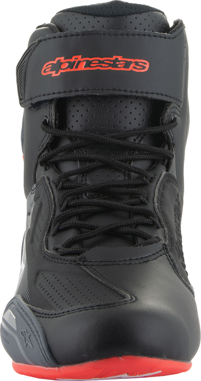 Alpinestars Faster-3 motorcycle shoes in black, gray, and red with US size 10, featuring durable design and sporty style.