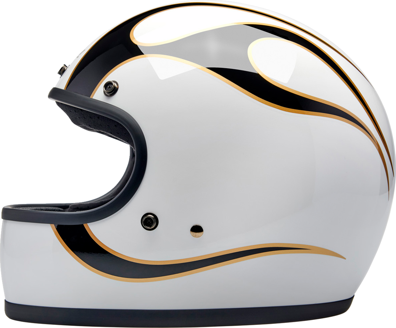 BILTWell Gringo helmet with flame design in white and black, medium size, featuring a sturdy helmet construction and bold graphics.