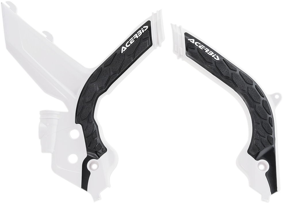 Acerbis X-Grip frame guards in white and black, designed to protect motorcycle frames, shown on a body panel.