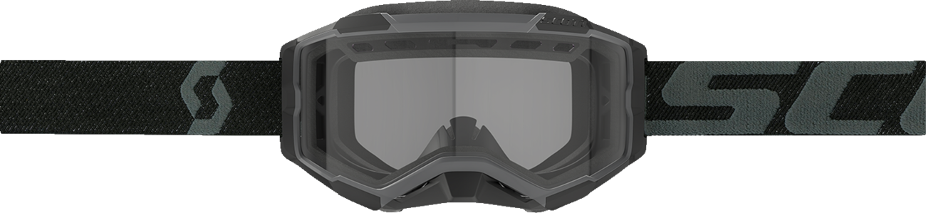 Scott Fury snow goggles in black with clear lenses, designed for winter sports, featuring a sleek protective frame.