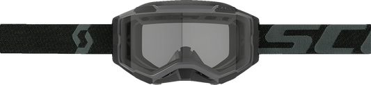 Scott Fury snow goggles in black with clear lenses, designed for winter sports, featuring a sleek protective frame.