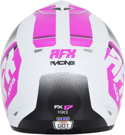 Pearl white and fuchsia AFX FX-17 Force helmet in small size, featuring sleek motorcycle helmet design and safety features.