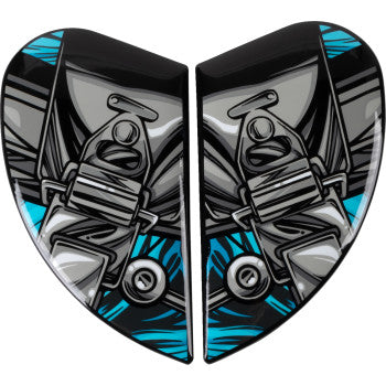 Blue ICON Airframe Pro™ side plates for helmets, featuring Outbreak design, compatible with Bill's Exhausts helmet parts.