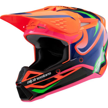 Alpinestars Youth SM3 helmet in gloss orange fluo with purple and pink accents, size small, for motocross and off-road riding.