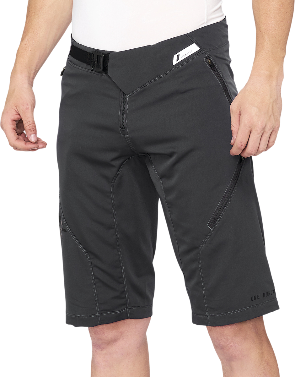 Bill's Exhausts 100% Airmatic Shorts in charcoal, US size 28, laid flat showing waistband and fabric texture.