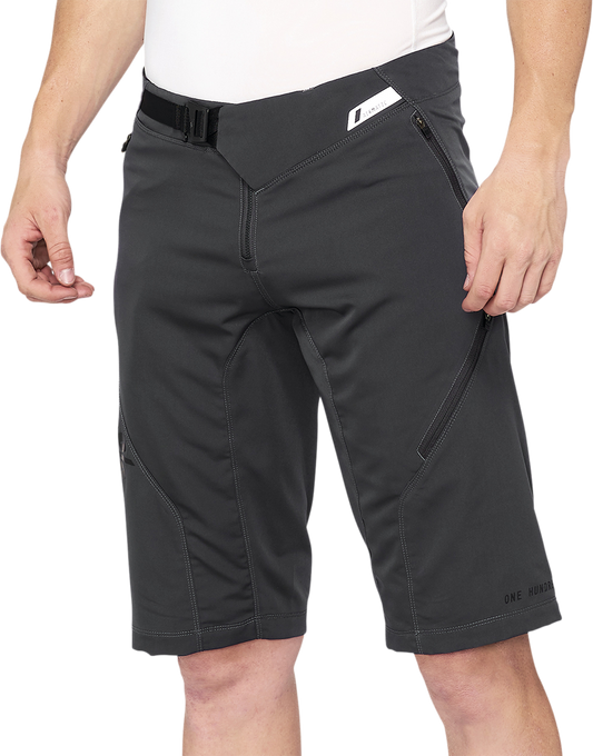 Bill's Exhausts 100% Airmatic Shorts in charcoal, US size 28, laid flat showing waistband and fabric texture.