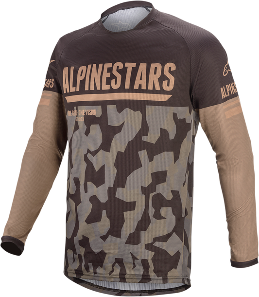 Alpinestars Venture-R motocross jersey in camo and sand colors, large size, featuring lightweight fabric and branding details.