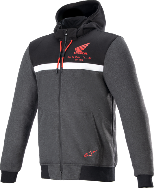 Black, gray, and red Alpinestars Honda Chrome Street Hoodie in XL with a front logo and casual fit, designed for motorcycle enthusiasts.