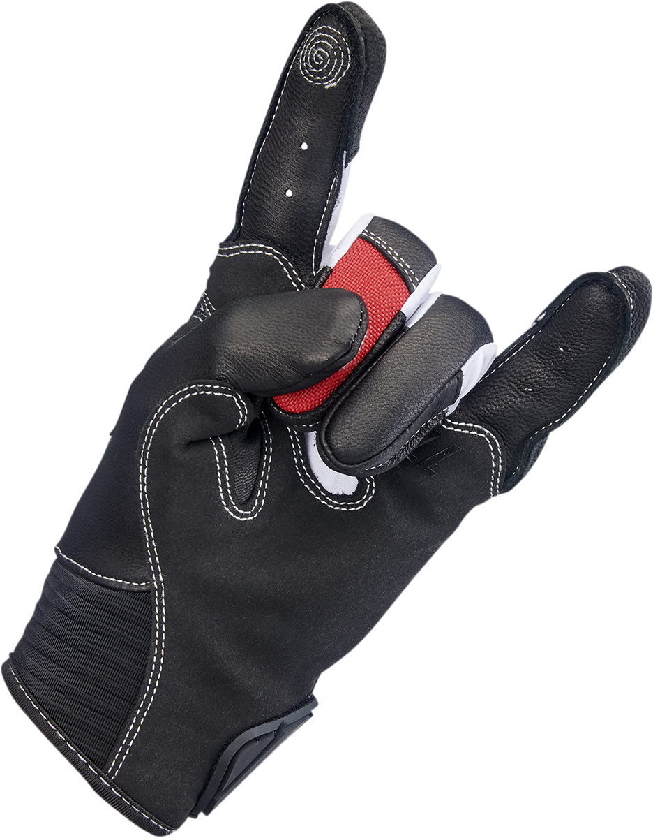 Red BILTWELL Bridgeport gloves in small size, made by Bill's Exhausts, with a close-up view of the leather gloves.