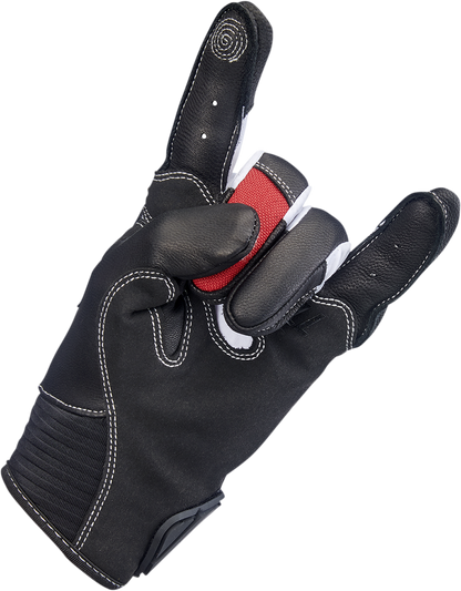 Red BILTWELL Bridgeport gloves in small size, made by Bill's Exhausts, with a close-up view of the leather gloves.