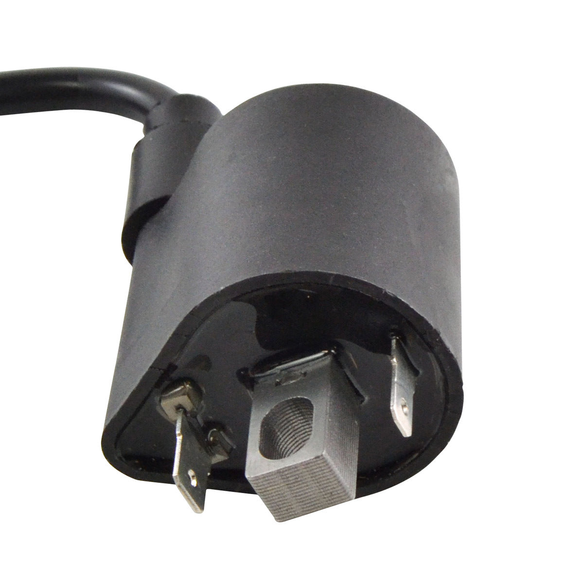 RM STATOR external ignition coil with spark plug cap, model RM06049, shown in the image for motorcycle or small engine use.