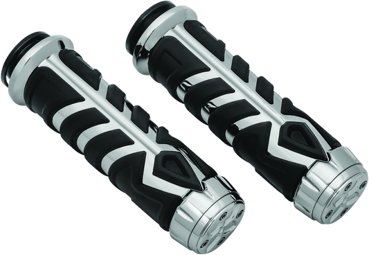 Kuryakyn Spear Grips for Indian Motorcycle in shiny chrome finish, designed for comfortable handling and stylish motorcycle control