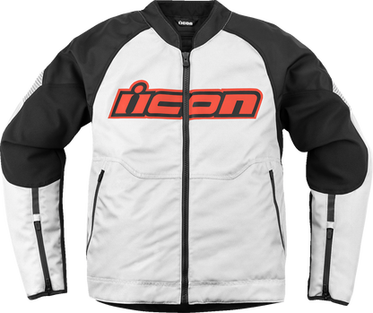 Bill's Exhausts ICON Overlord3™ White jacket in XL, front view showing the sleek design and logo details.