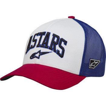 Alpinestars Dunker Hat in white, red, and blue with a sporty design, shown from the front, one size fits all.