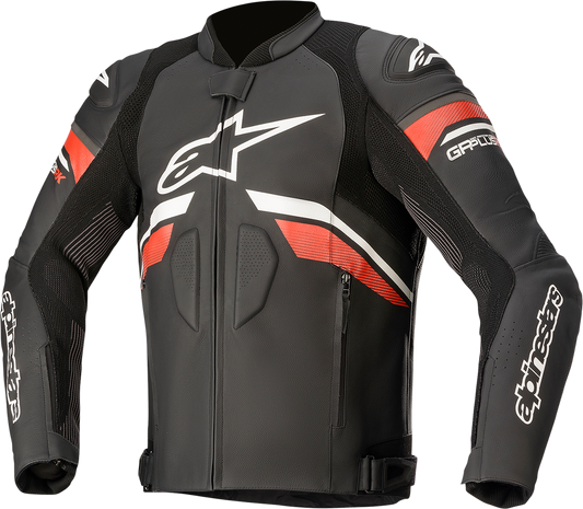 Alpinestars GP Plus R v3 Rideknit leather motorcycle jacket in black, white, and red, US 44 / EU 54, on a plain background.