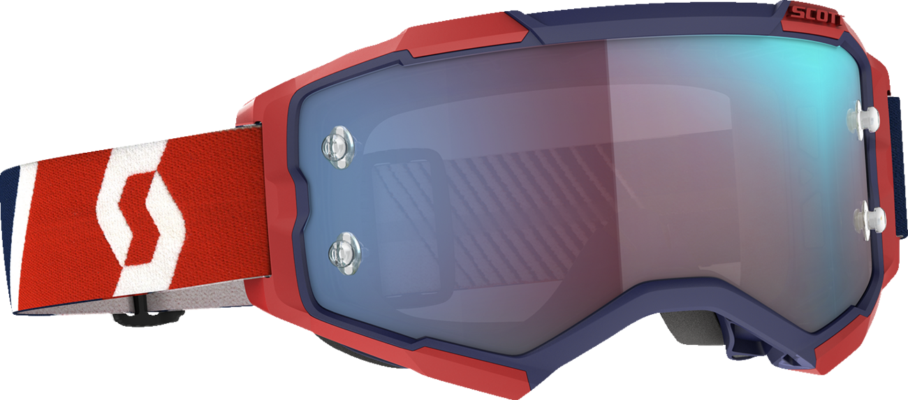 Bill's Exhausts SCOTT Fury Goggle in Red and Blue with black frame, close-up view of the motorcycle goggle for riding protection.