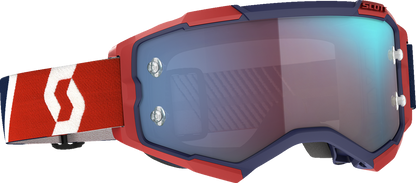 Bill's Exhausts SCOTT Fury Goggle in Red and Blue with black frame, close-up view of the motorcycle goggle for riding protection.